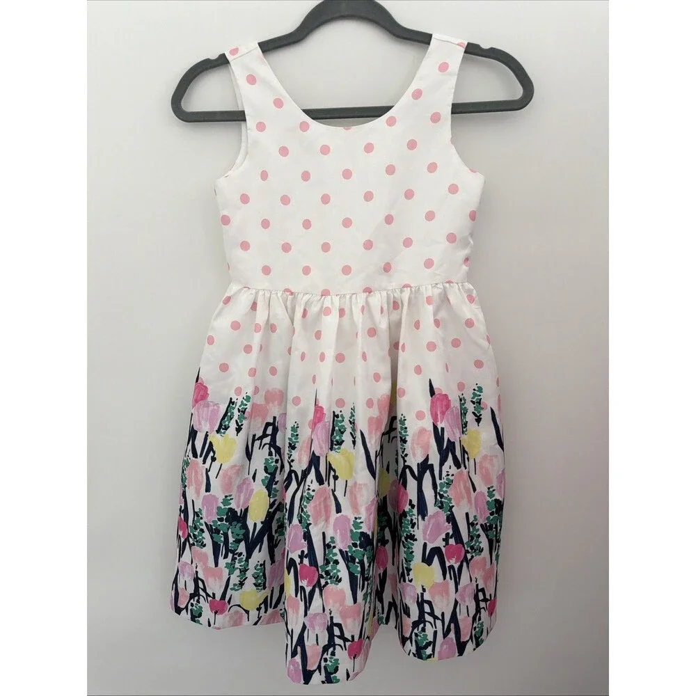Gymboree Floral Dress Sz 8 Special Occassion Wedding Polka Dot Lined White Pink